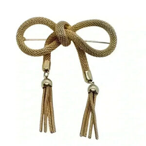 Vintage Gold Mesh Bow Brooch Tassle Waterfall 3D Pin Rolled Gold